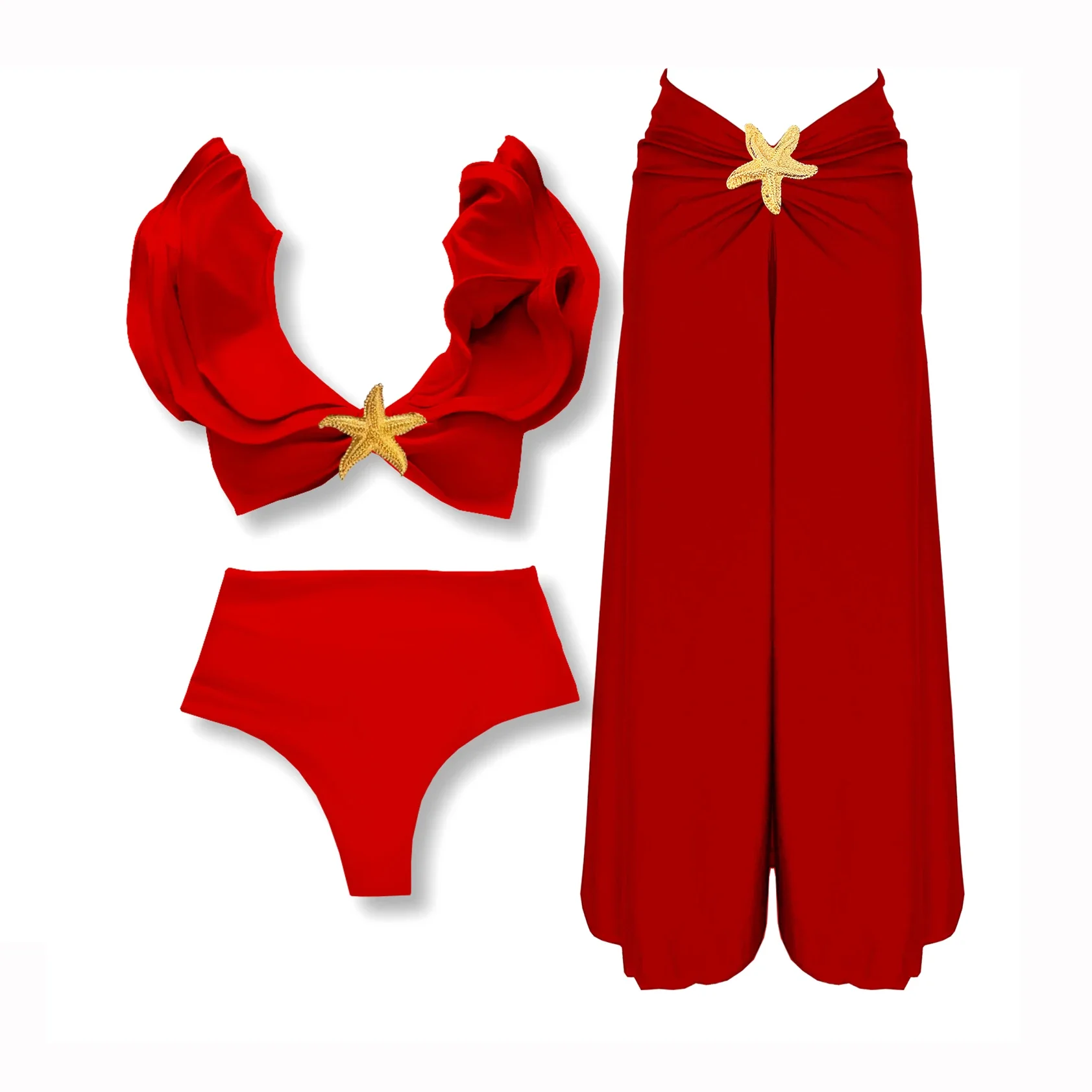 

V-Neck Two Pieces Bikini Sets Shoulder Ruffled Swimwear High Waist Biquini Sexy Swimsuit Women 2024 Solid Bathing Suit Beachwear