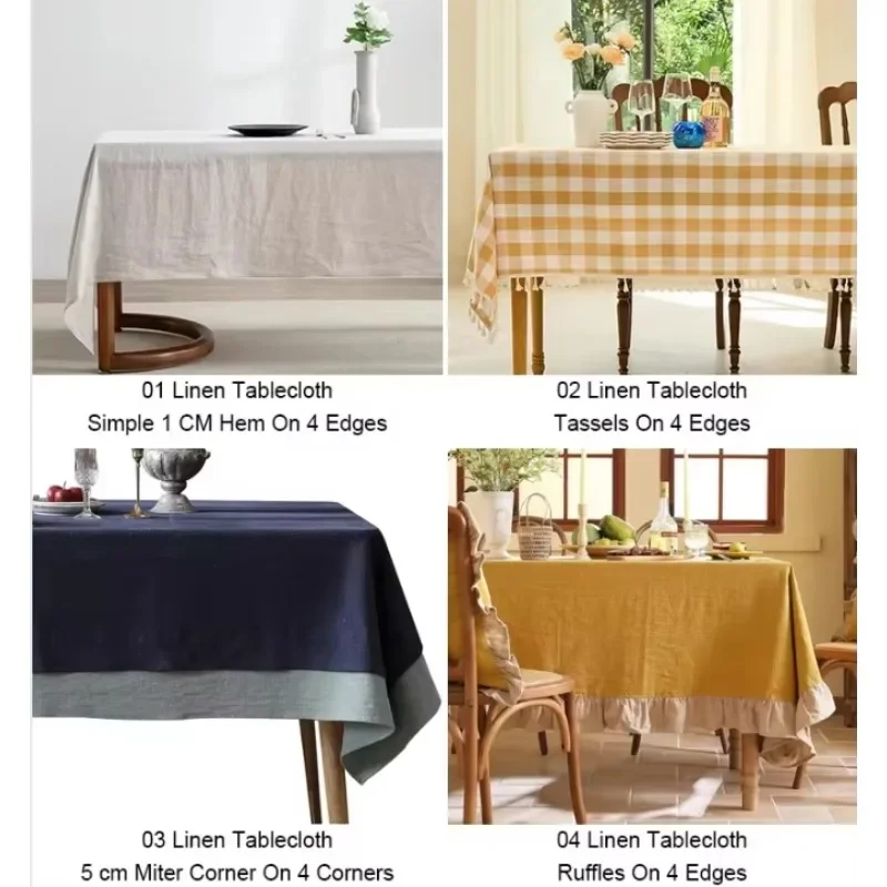 Handmade pure linen plaid tablecloth with waterproof ruffle edge, suitable for family hotels or parties