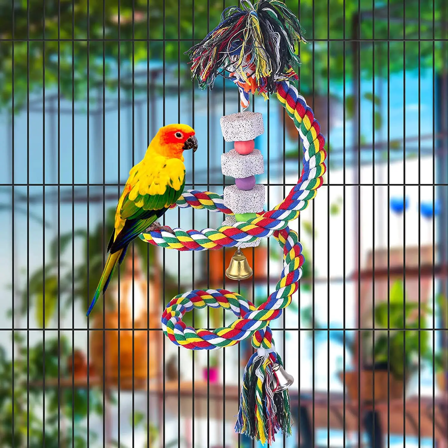 Bird Toy Spiral Cotton Rope Chewing Bar Parrot Swing Climbing Standing Toys with Bell Bird Supplies Parrots Climbing Toys