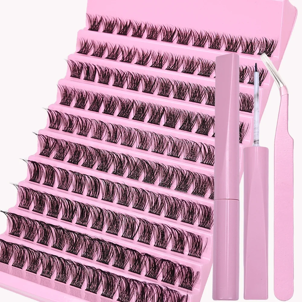 120Pcs False Eyelashes Extension Kit with Tweezers and Adhesive ,DIY Lash Clusters Mix Length Eye Makeup Tool