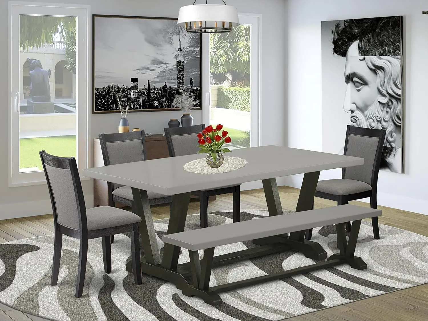 6 Piece Kitchen Table Set Contains a Rectangle Dining Table and 4 Dark Gotham Grey Linen Fabric Parson Chairs