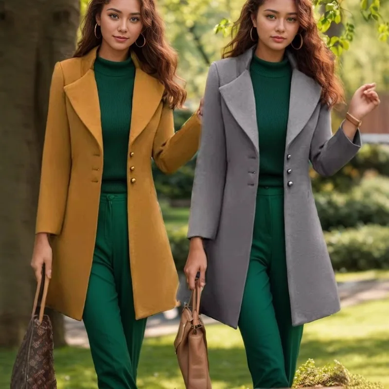 

Autumn Women Coat Mid-Length Collar Elegant Warm Winter Jacket Single-Breasted Solid Color Slimming Turn-down