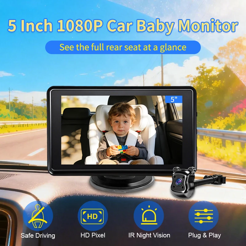 Baby Car Monitor 5 Inch HD 1080P Infrared Night Vision, USB Powered Rear Facing Car Baby Camera for Infants Kids Safety