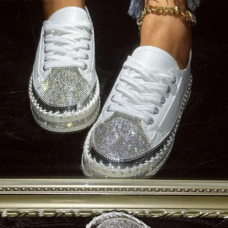 Women Shiny Rhinestones Shoes Four Seasons Casual Sneakers Women Stylish Sport Shoes Lace-Up Sneakers Shoes 2024