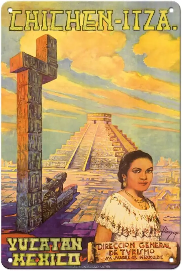 Pacifica Island Art El Castillo Chichen Itza - Yucatan Mexico - Mayan Pyramid - Vintage Travel Poster by Flores c.1950s - 8 sign