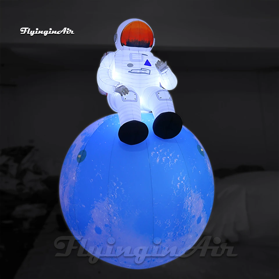 Fantastic Illuminated White Inflatable Astronaut Sitting On Planet Balloon Blue Moon Ball For Event Show