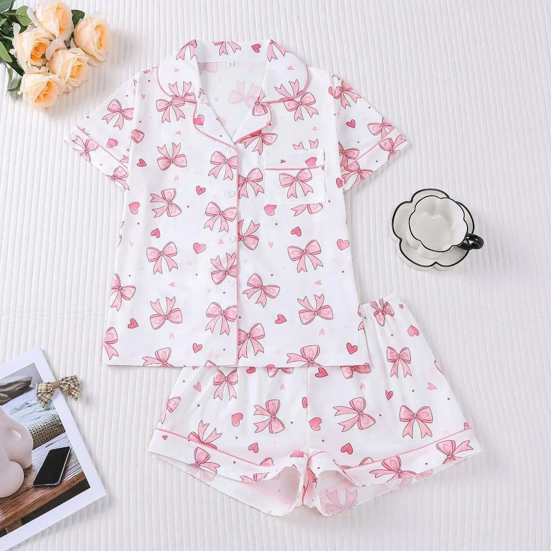 

Белый женский пижамный комплект на День святого Валентина с розовым бантом, отложным воротником, короткими рукавами и шортами, домашняя одежда, подарки