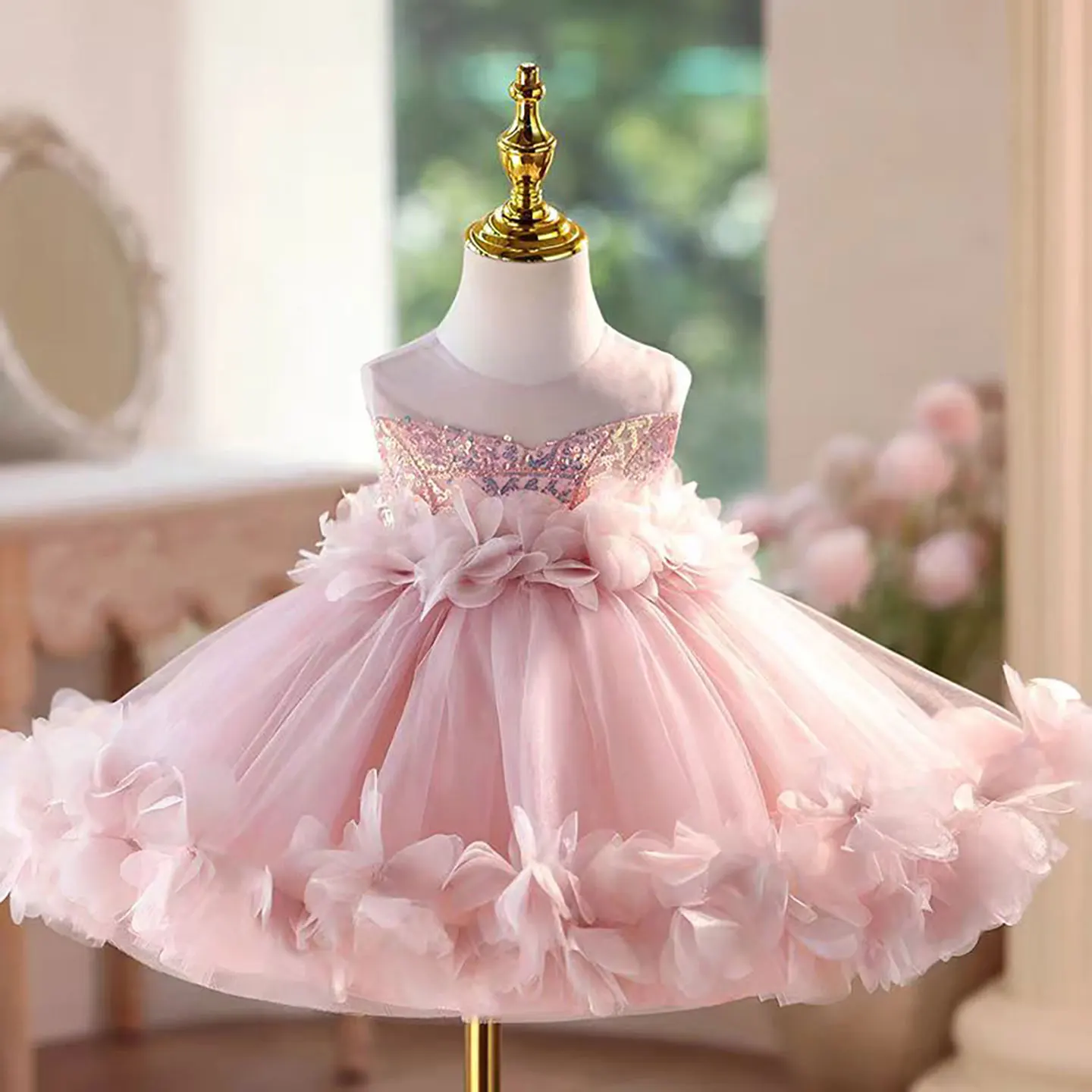 

Dreamy Vow Sleeveless Floral Pink Girls Dress Sequined Tulle Children Celebration Party Spring and Summer Mini Prom Dress D094