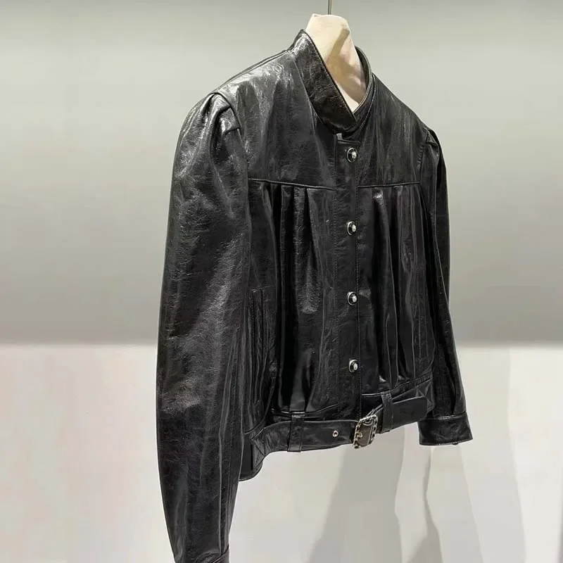 المرأة الربيع س الرقبة طوق نفخة الأكمام سترة جلدية حقيقية قصيرة طول أورورا الجلد 2025 جديد وصول معطف الموضة