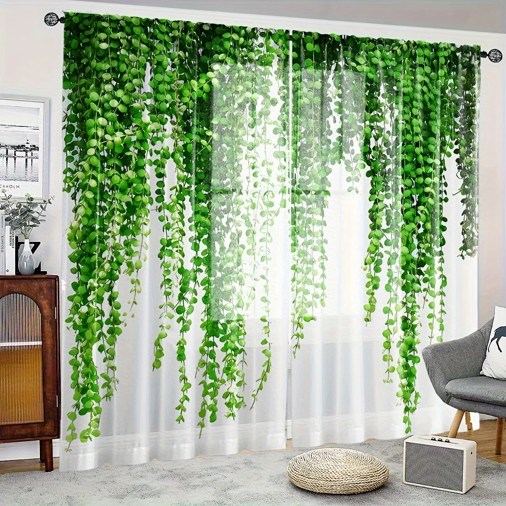 2pcs Greenery Vine Pattern Sheer Curtains Rod Pocket Window Drapes Window Treatments For Bedroom Living Room Home Decoration