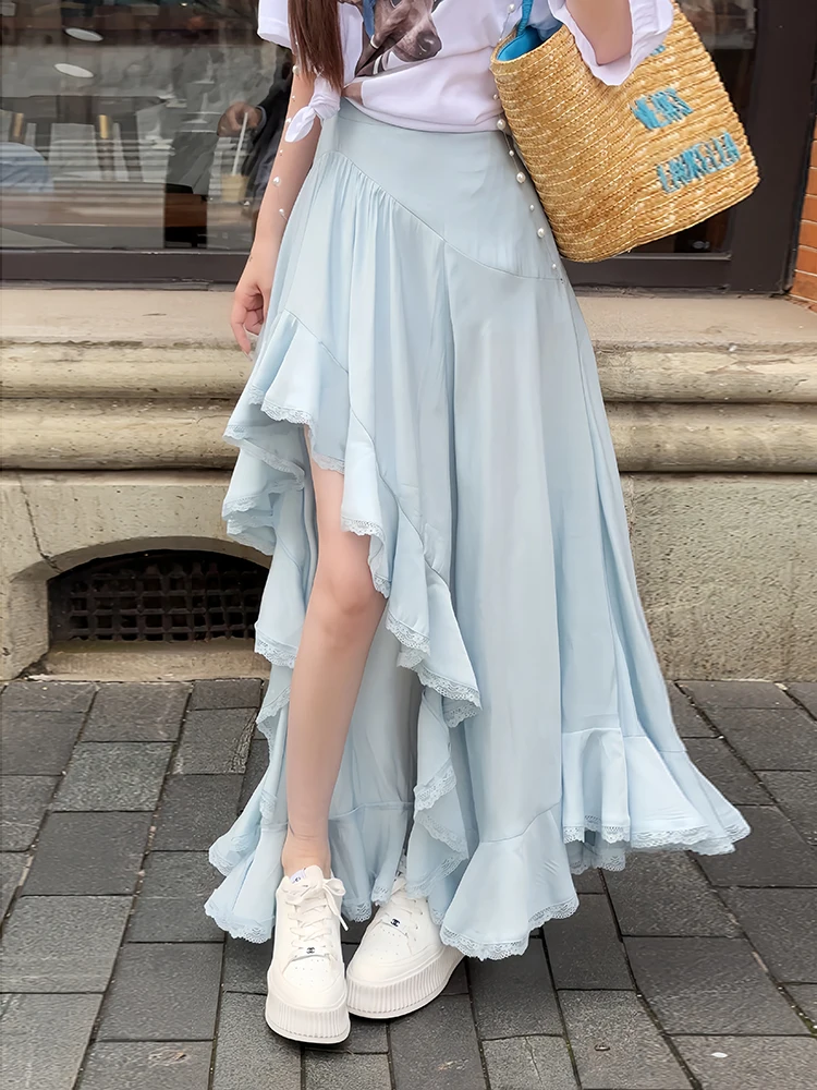 

Модная асимметричная юбка с кружевной отделкой, женская, летняя коллекция 2026, с завышенной талией, повседневная, из смесового полиэстера и лиоцелла