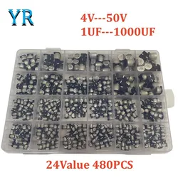 Kit de Sortimento de Capacitores Eletrolíticos de Alumínio, 24 Valor SMD, 1uF-1000uF, 4V-50V, 480Pcs