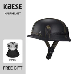 Leather Half Helmet German Style Motorcycle Helmet Motorbike Open Face Retro Cruise Chopper Biker Pilot DOT Approved Four Season