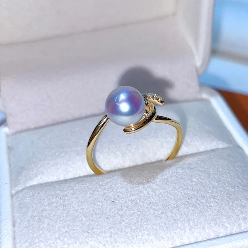

SGARIT 18k Yellow Gold Filled Akoya Pearl Ring Brick and Stone Inlay Seawater PEARL RING for Anniversary Gift 7-7.5mm