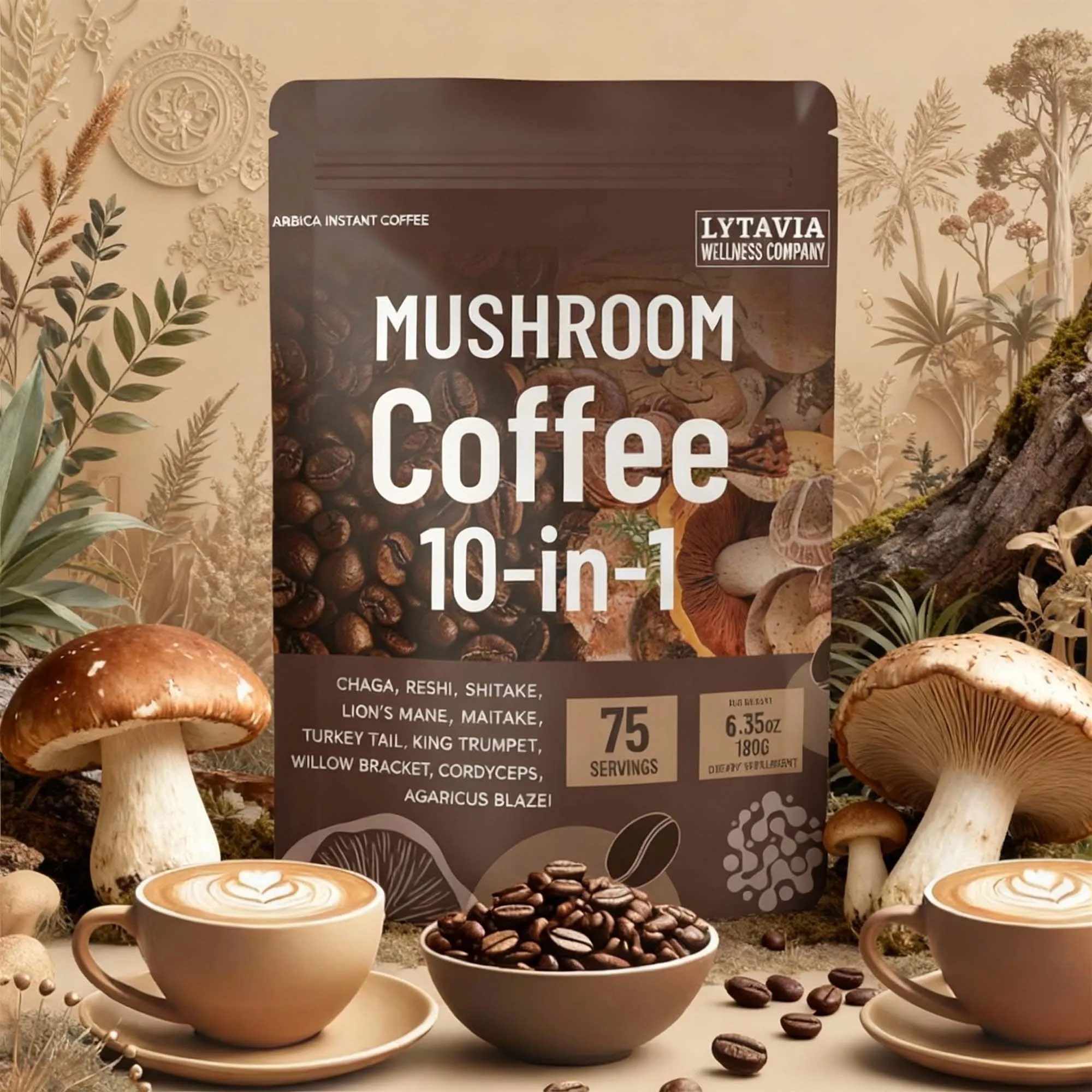 Café en hongos con 10 setas adaptógenas y aceite MCT, café instantáneo cultivado en EE. UU., con cola de pavo, Shiitake, crina de león