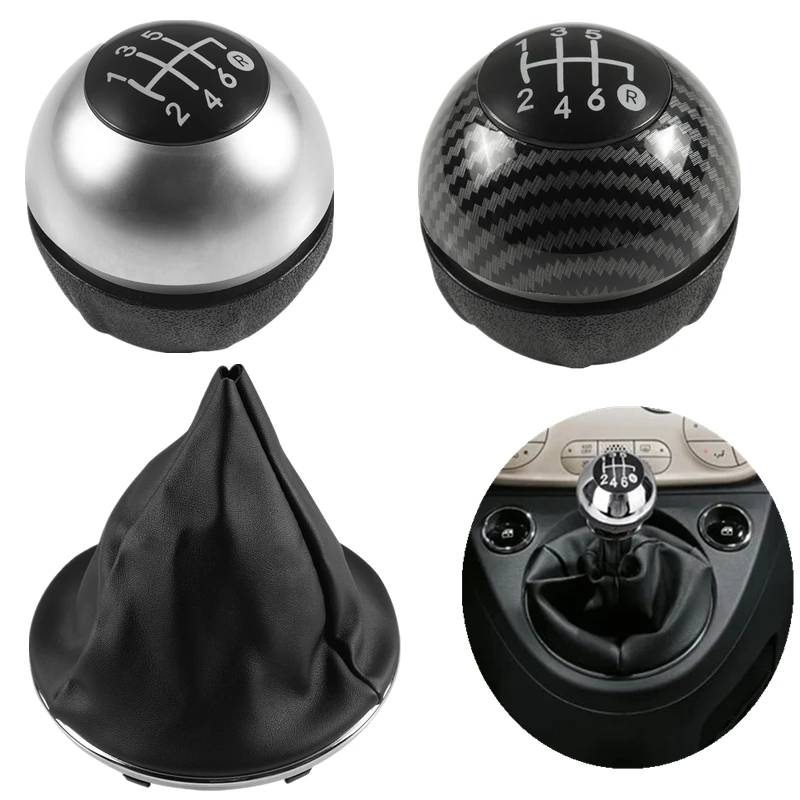 For Fiat 500 500C 2007-2018 5/6 Speed Gear Shift Knob Sitck Head Leather Gaiter Boot Cover Case Glossy Black Cap Replacement