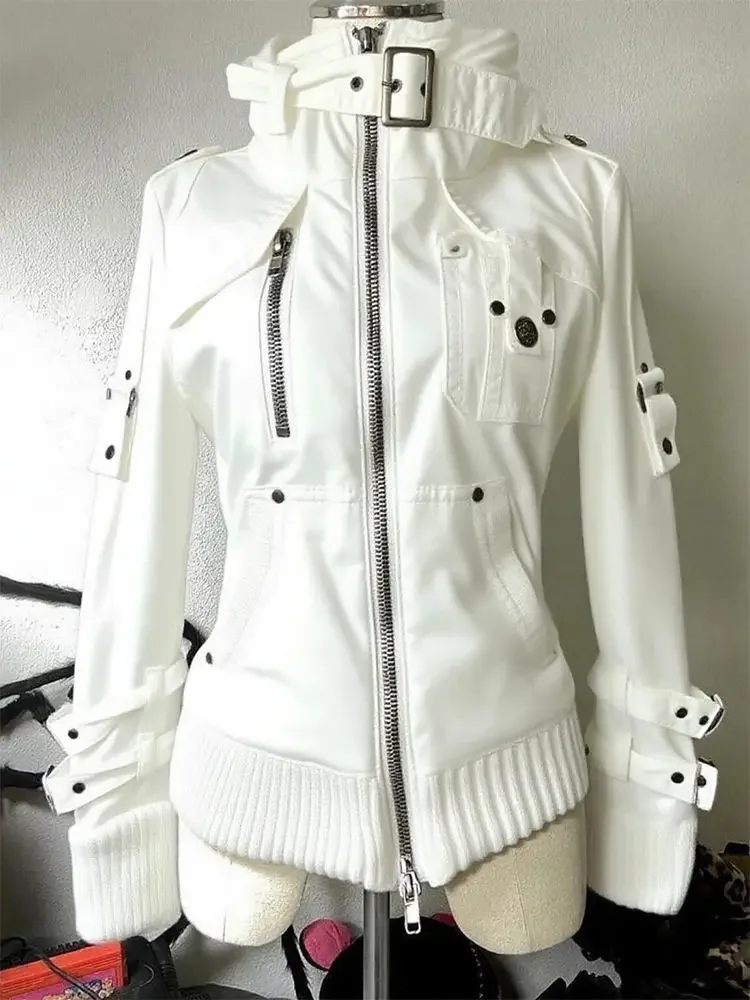 Street Y2k Gothic White Moto&Biker Coat Women Vintage Heavy Long Sleeve Jackets 2025 Early Autumn New Slim Fit Tops Mujer