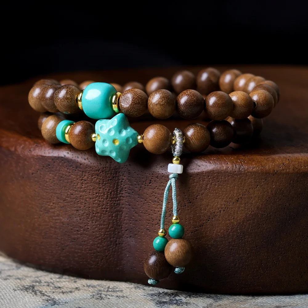 Australian Sandalwood Double-Circle Bracelet Original Artisan Star Magnesite Turquoise Chinese-Style Bead Bracelet