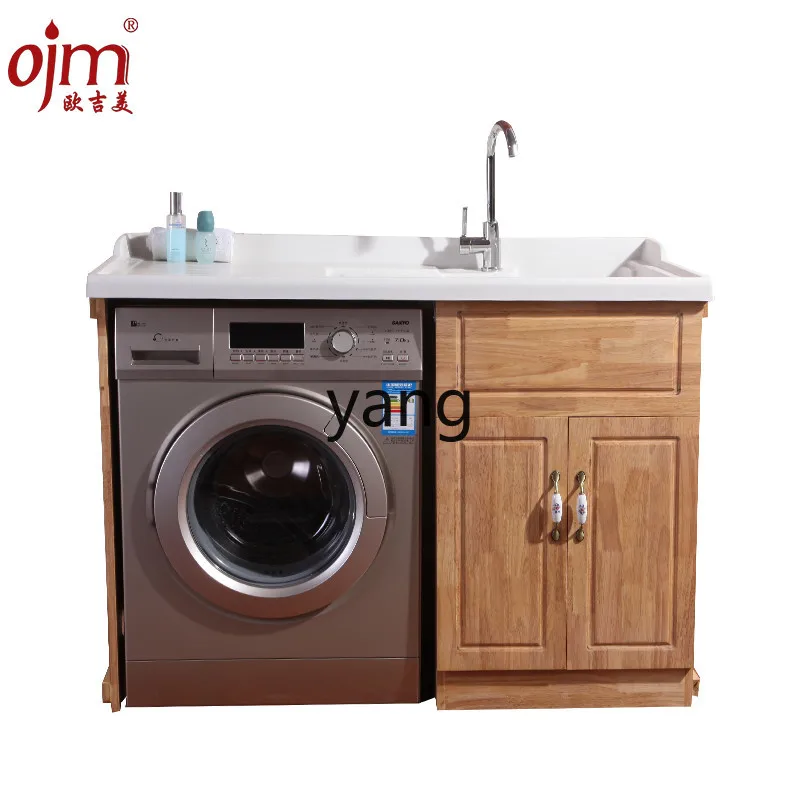 

YJQ Oak Laundry Cabinet Quartz Stone Basin Bathroom Cabinet Solid Wood Balcony Roller Washing Machine Cabinet