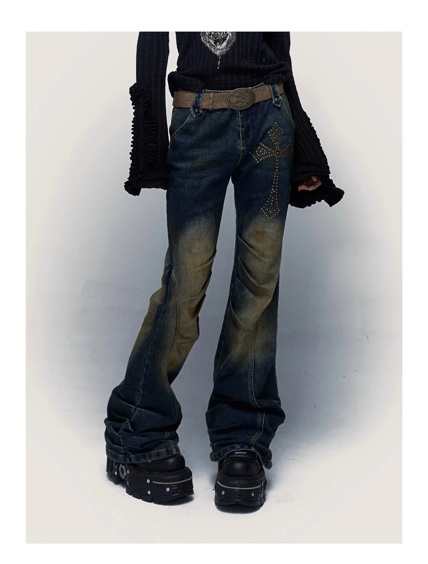 

Cest Nous Vintage old Jeans Women Punk Gothic Cool Girls Low Waist Cross Beading Light Flare Long Denim Trousers Pant Capris