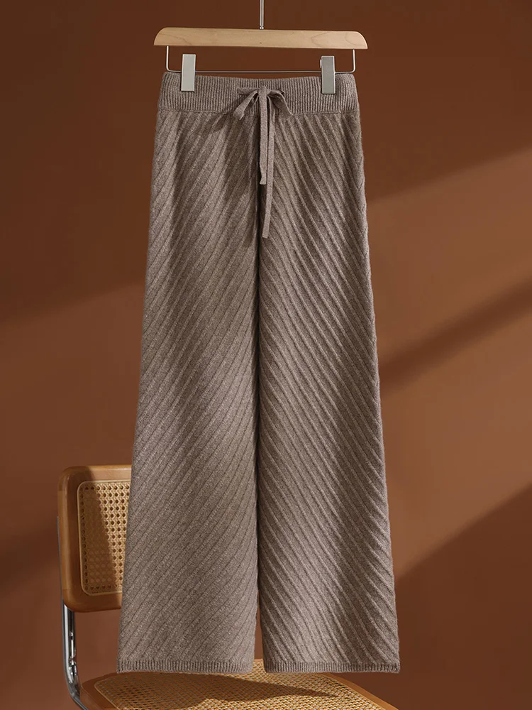 TLOML Autumn Winter Women's 100% Merino Wool Slant Orchid Wide Leg Pants Cable Knit Thick Soft Warm Cashmere Casual Comfy Pants