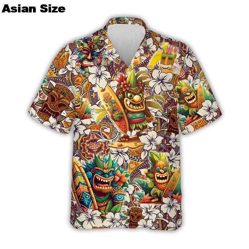 ثلاثية الأبعاد تيكي طباعة هاواي قمصان للرجال بولينيزيا ريترو قميص رجالي فضفاض ملابس الذكور غير رسمية 2025 الاتجاه الجديد رجل قميص قصير الأكمام
