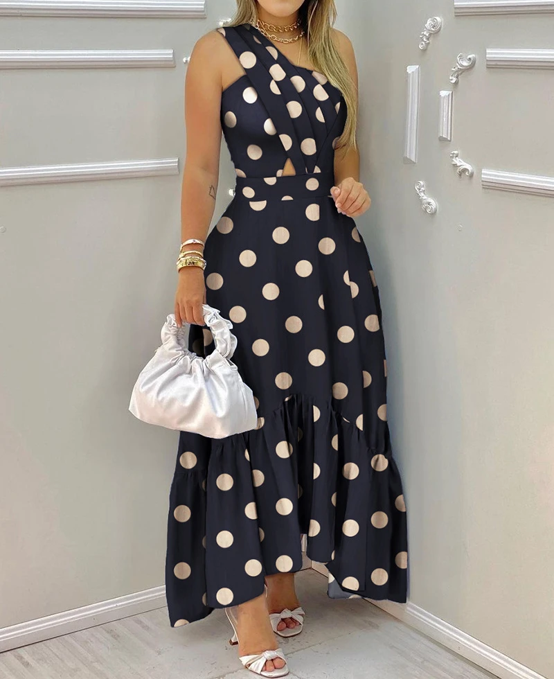 One Pieces Dresses Women Leveless Polka Dot Print Cross Waisted Hollowed Out Design Long Fashion and Casual Dress Summer 2024