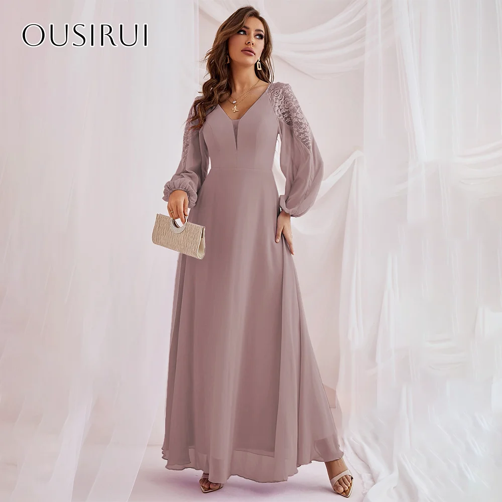 V-neck Chiffon Evening Dresses Lace Long Sleeves Pleated Ankle Length Party Gown Customized свадебное платье