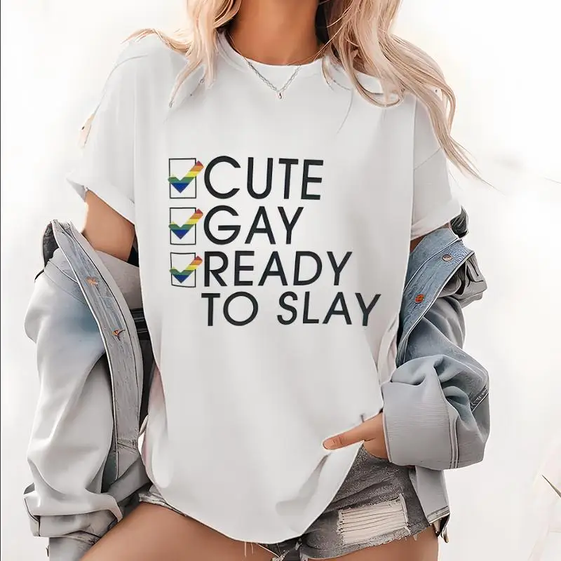 

"Funny Cute Gay Ready To Slay T-shirt, Rainbow Flag Checkbox Graphic Tee, LGBTQ Pride Month Shirt, Oversized Casual Streetwear"