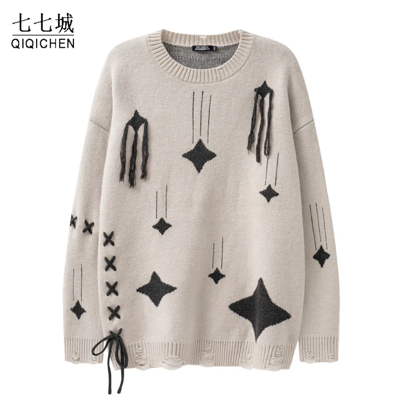 Vintage Sweaters Men Y2K Star Jacquard Tassels Knitted Sweaters High Street Casual Oversized Pullover Couples Streetwear Autumn