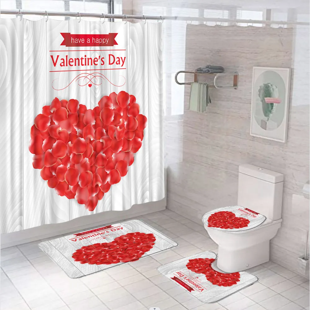 Heart Red Rose Flower Petal Shower Curtain Set Valentine's Day Vintage Wooden Board Bathroom Curtains Bath Mats Rug Toilet Cover