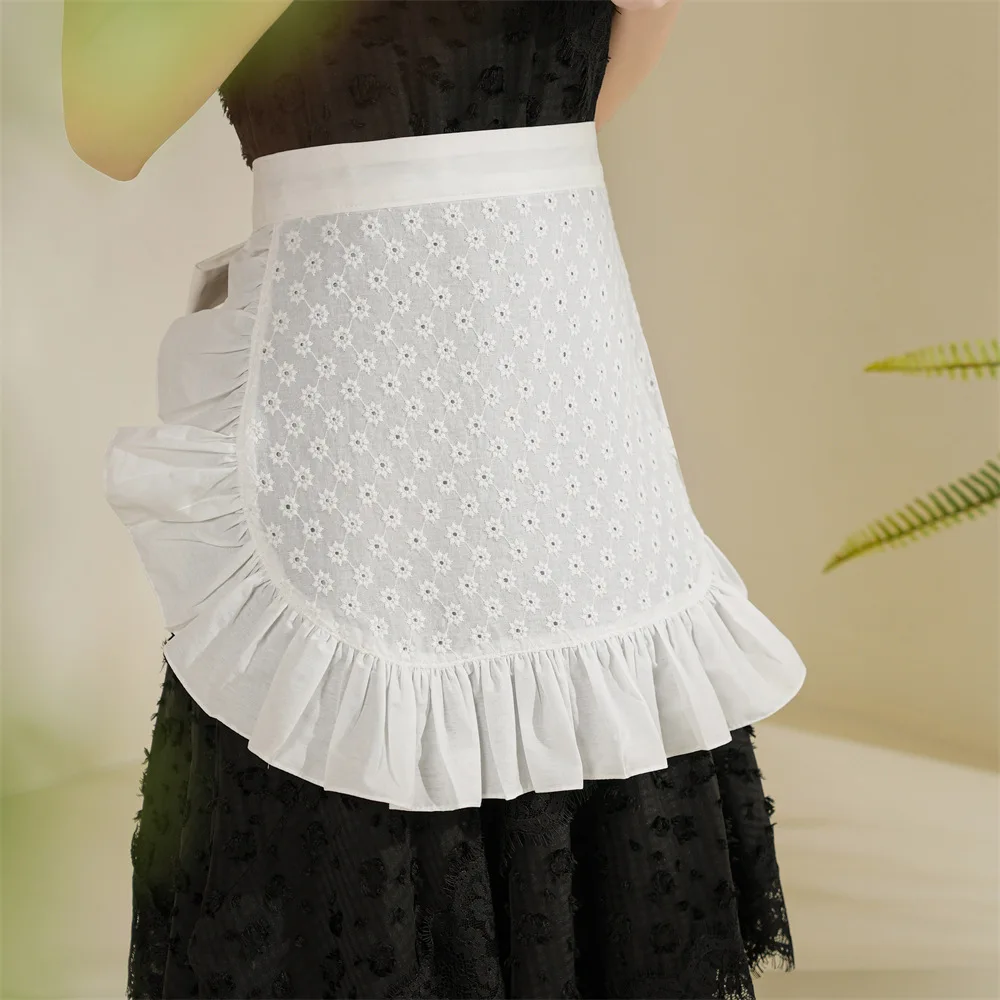 

White Daisy Embroidered Cotton Half Apron Women Outdoor Camping Picnic Photo Waist Apron