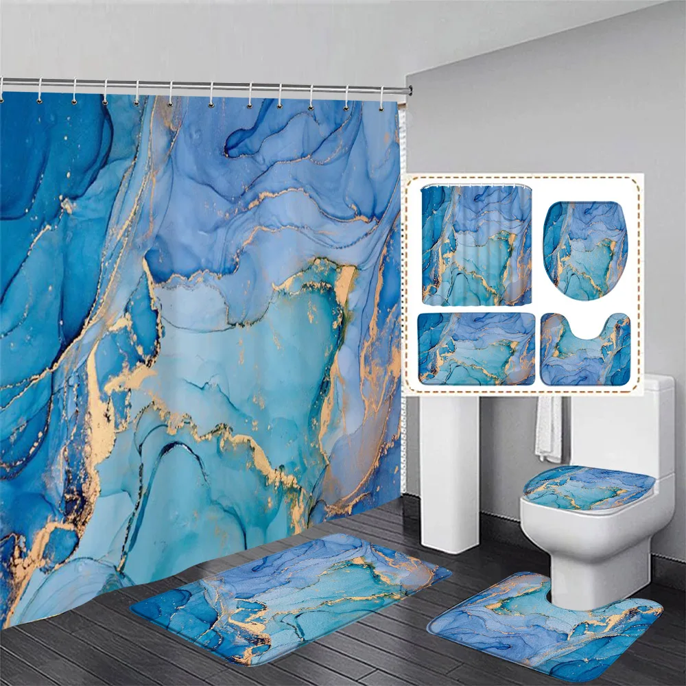 Abstract Blue Marble Shower Curtain Set Gold Line Ink Texture Art Modern Luxury Home Bathroom Decor Bath Mats Toilet Lid Cover