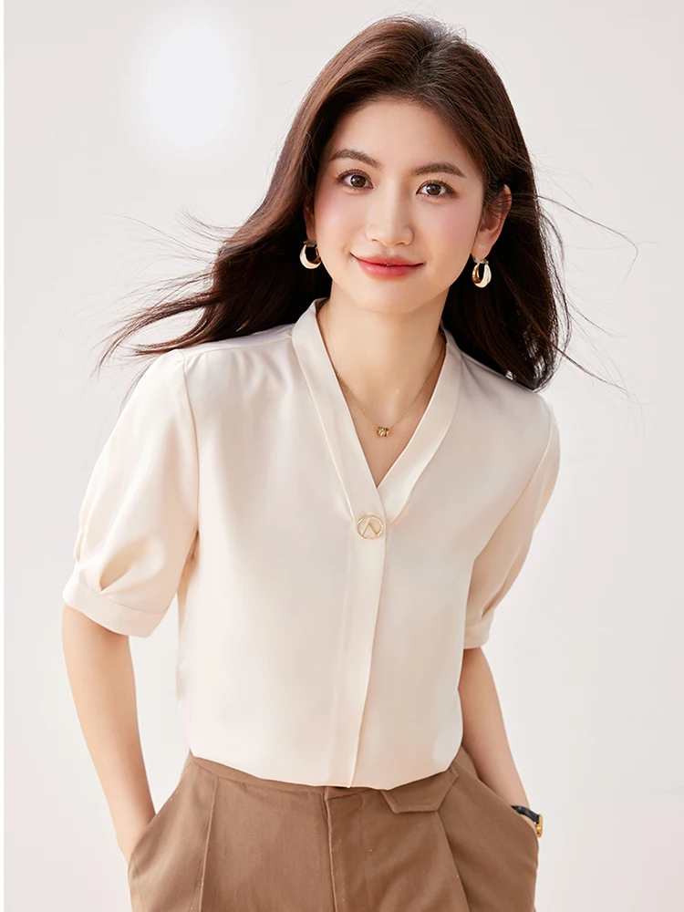 Women V-neck Long Sleeved Blouse 2024 Spring New Office Shirts Casual Temperament Blouses Basic Elegant Womens Tops