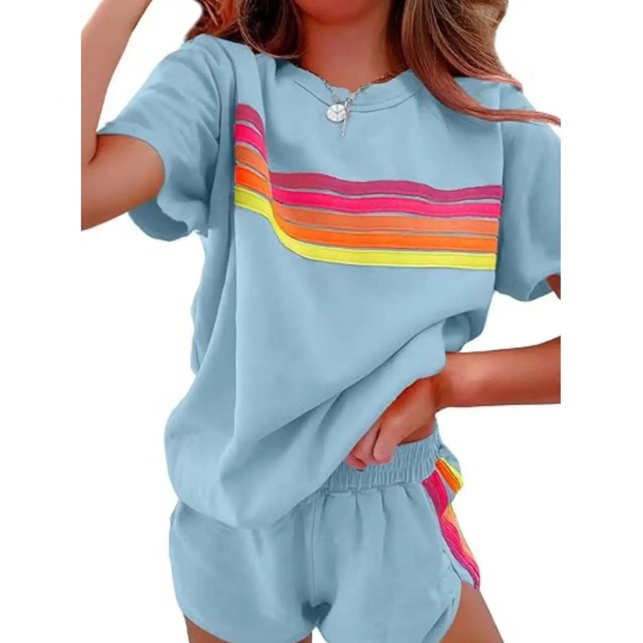 Spring Summer Fashion Women's Loose Casual Trendy Contrast Color Striped 2 Piece Sets Short Sleeve O-neck T-shirt Shorts Female