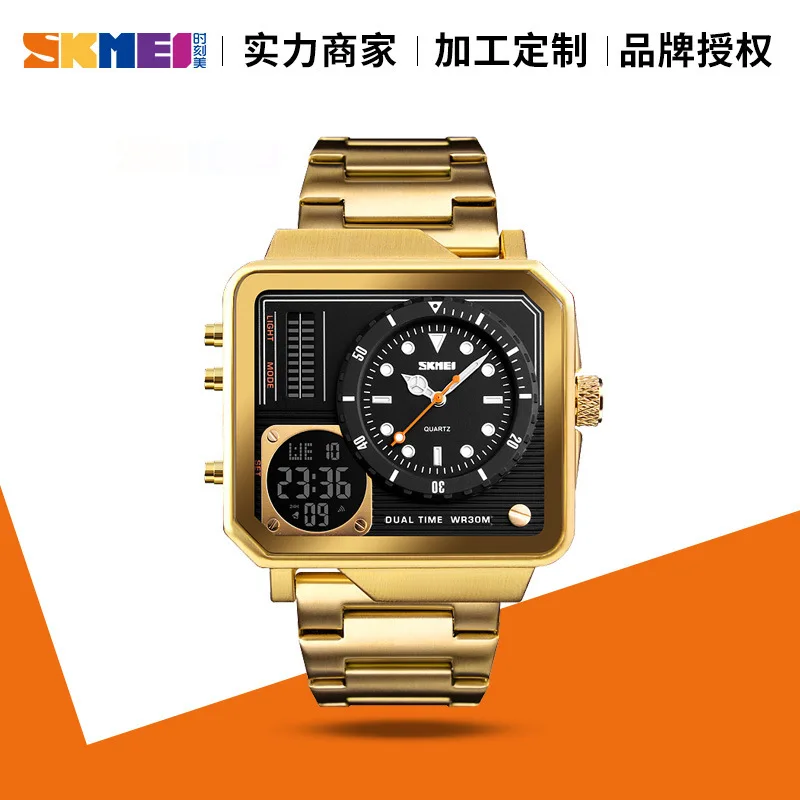 Dual Display Electronic Watch, Steel Strap, Casual, Quadrado, Ouro, Frete Grátis, Marca Oficial, Moda