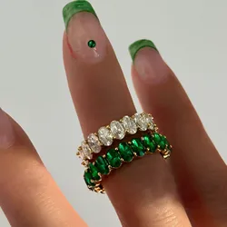 New ins Stainless Steel Green Zircon Ring For Women Girls Vintage 18k Gold Zircon Rings Fashion Aesthetic Jewelry Gift