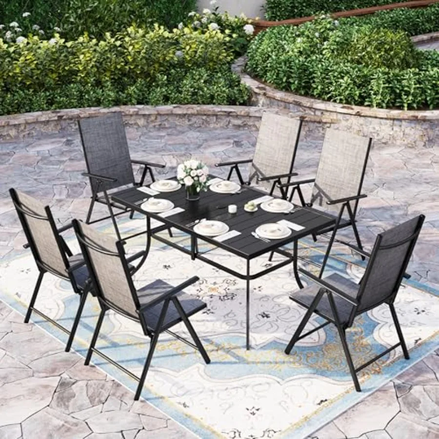 

Комплект для уличной обеденной зоны из 7 предметов: 6 складных стульев с высокой спинкой из текстилена, серый, с отверстием для зонта (1,57-1,9 м), идеально подходит для G