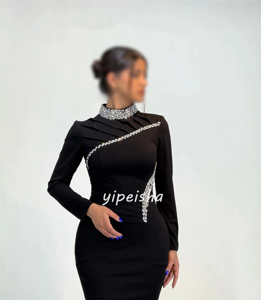 Personalizado elegante formal jérsei strass plissado sereia gola alta vestidos longos sob medida vestidos de ocasião tamanhos disponíveis sexy