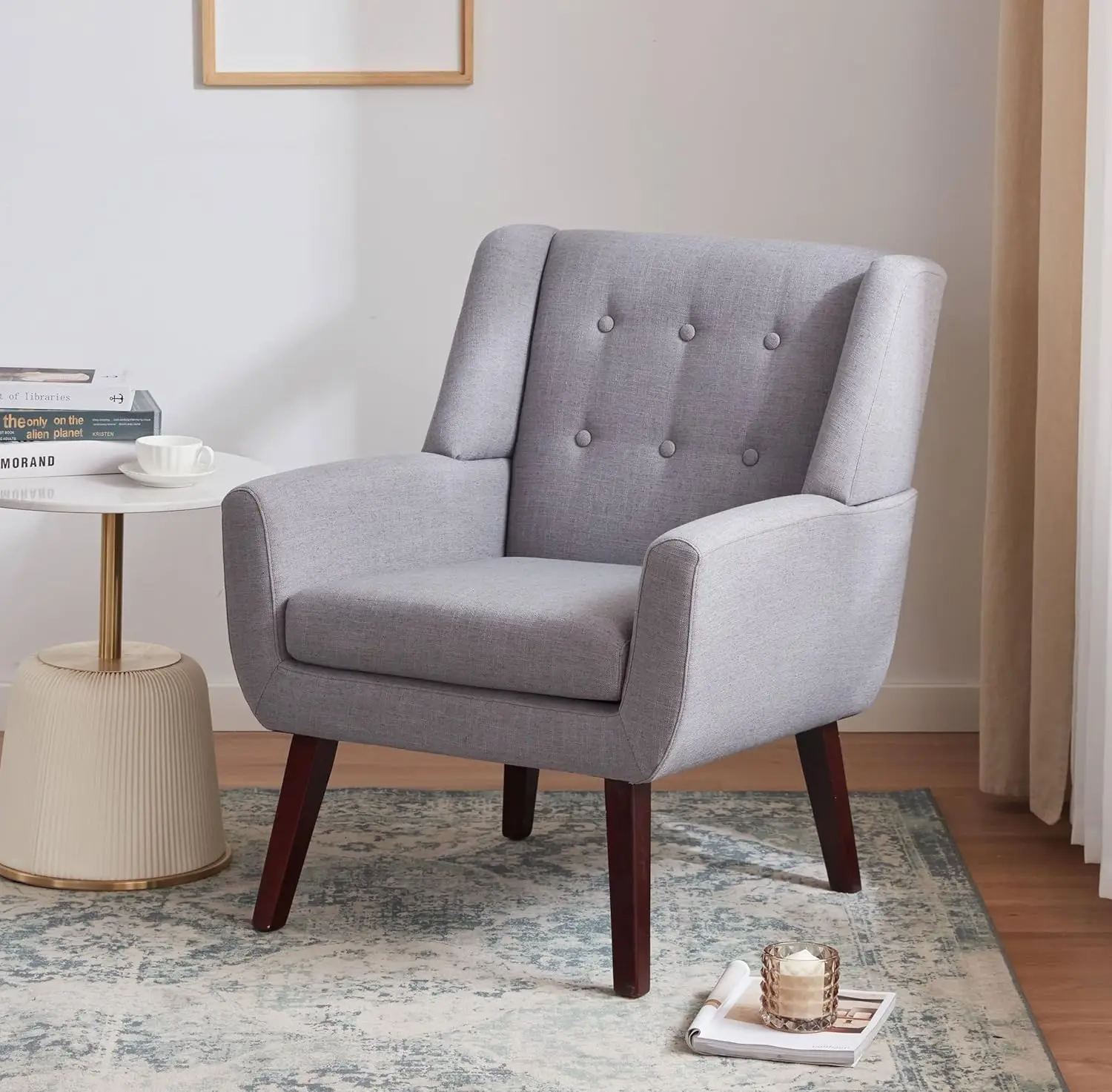 

Accent Chair Living Room Chair, Upholstered Button Tufted Armchair, Linen Fabric Sofa Chairs for Bedroom, Living Room