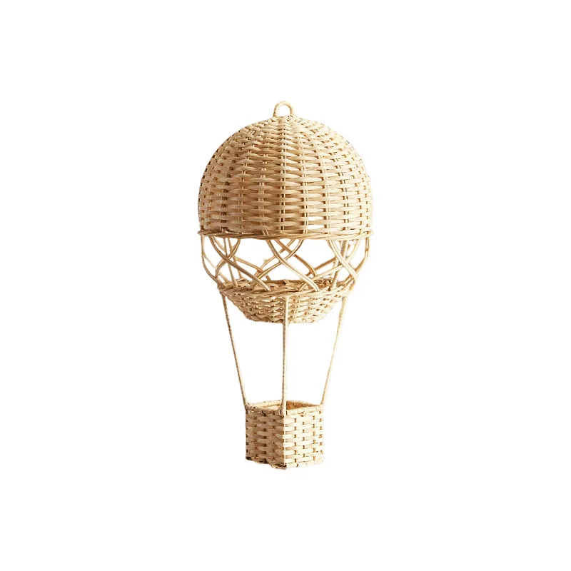 Kids Room Hanging Wall Decor, Nordic Hand Woven Rattan Hot Air Balloon Ornament for Nursery Preschool Decoration