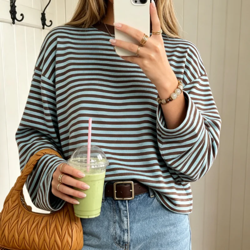 New Preppy College Style Chic Fall Women Round Neck Striped Long Sleeve T Shirt Loose Versatile Casual Daily Blouse Spring Top