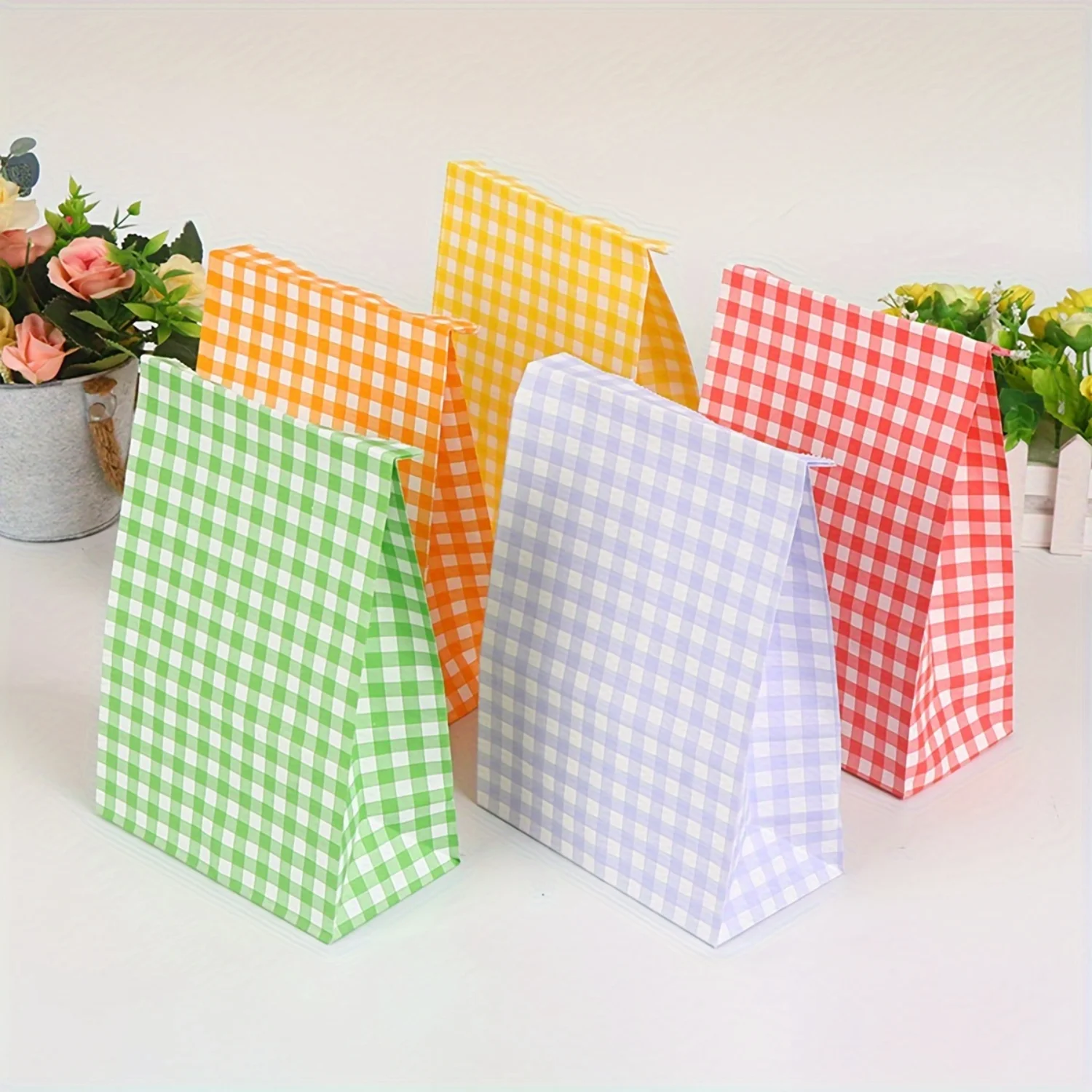 50pcs Candy-colored Fresh Grid-bottomed Paper Bags for Handmade Cookies, Baked Goods & Pastry Packaging, Perfect for Holiday Gif