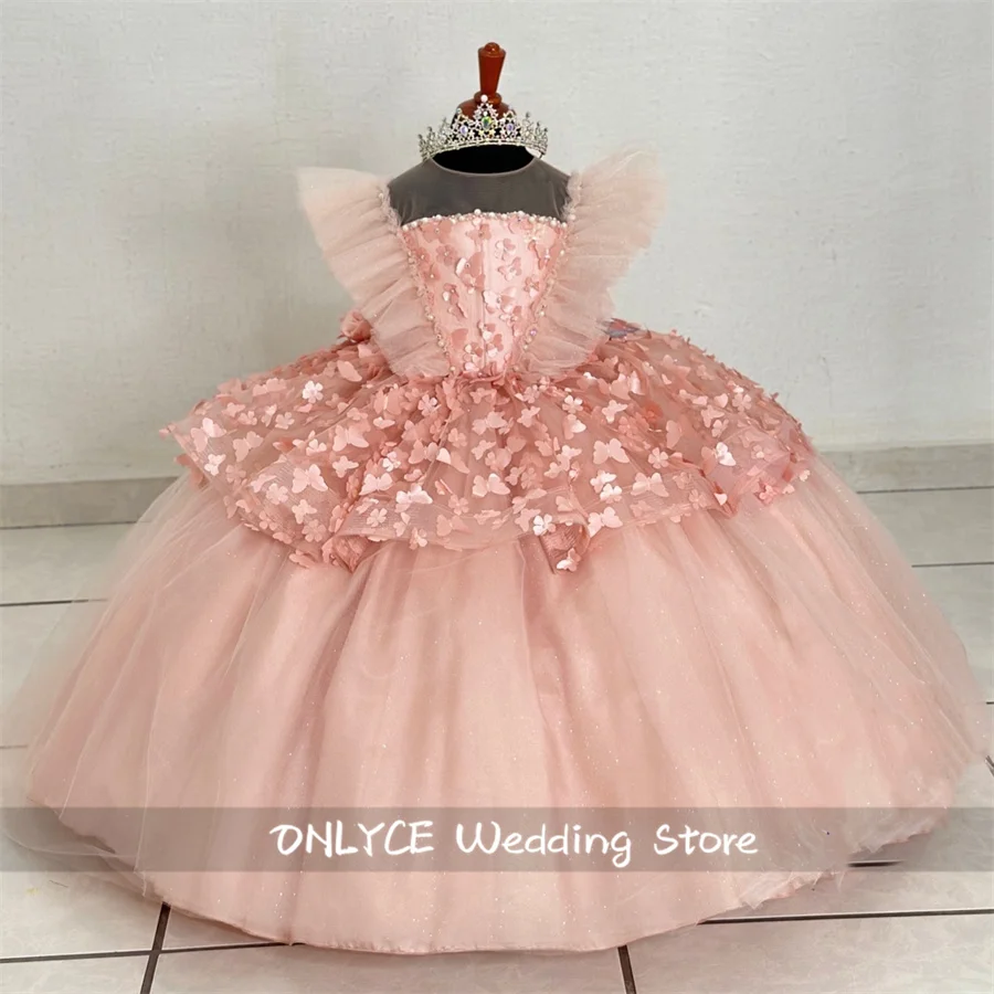 

Pink Fly Sleeve Tulle Kids Girls Dress Princess 3D Butterfly Appliques Pearls Party Kids Dress Mesh Sheer Toddler Clothes