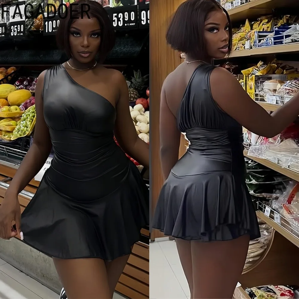 

FAGADOER Sexy Leather Patchwork Bodycon Dresses Women Solid Color Off Showlder Backless Pleated Dress Female Streetwear Vestidos