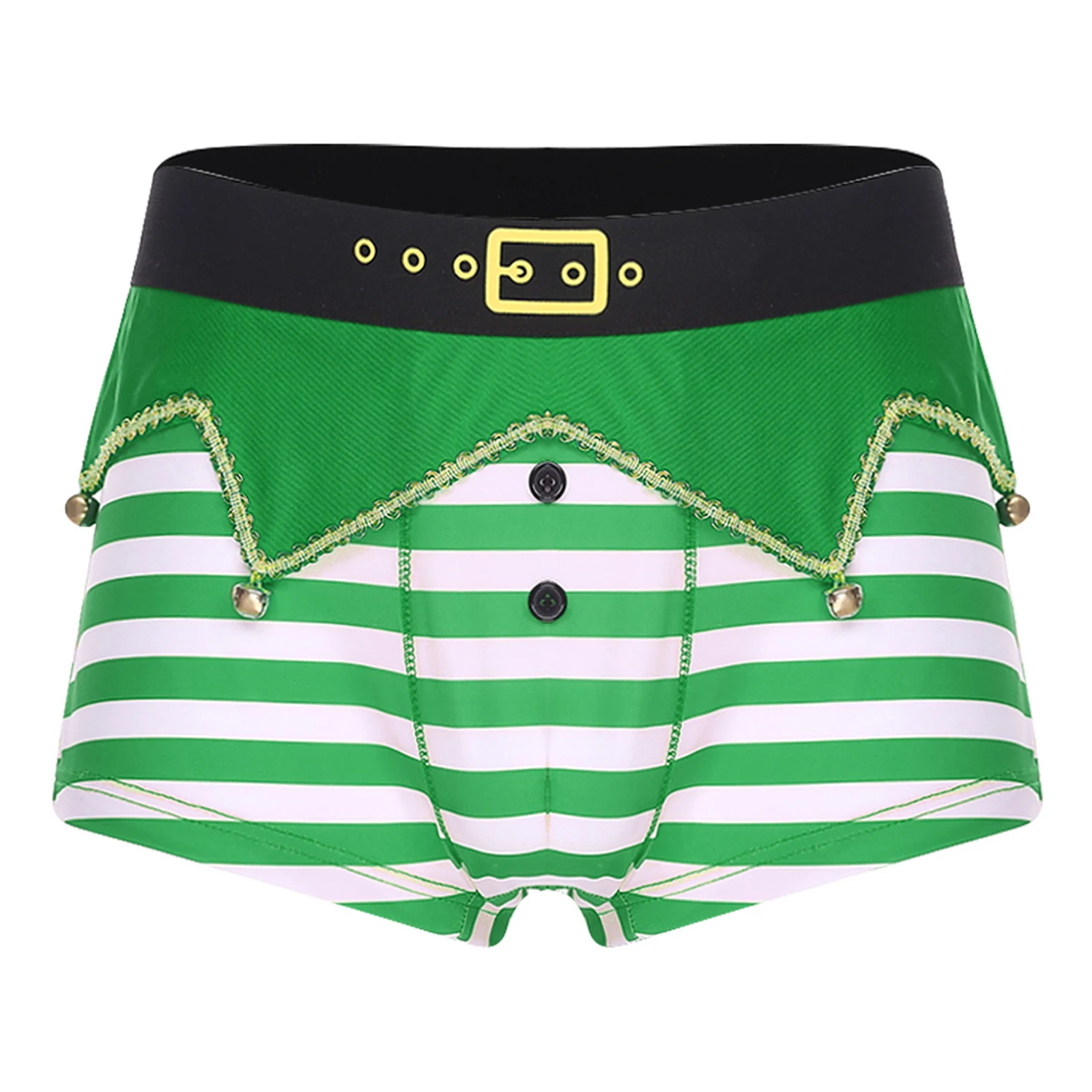 Men Christmas Elf Striped Underwear Funny Novelty Holiday Boxer Briefs Elastic Waistband Irregular Panel Bells Striped Shorts