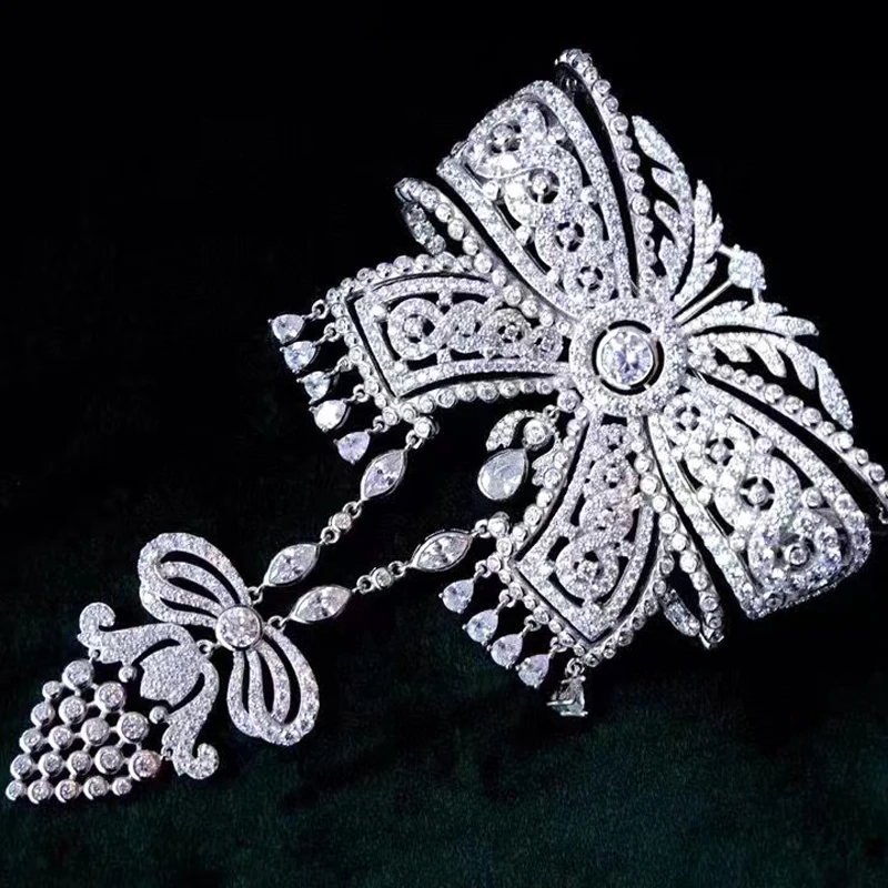 

Luxury Jewelry Bowknot Tassel Brooch For Women Fine Jewelry Vintage Style Queen Party 925Sterling Silver With Cubic Zircon