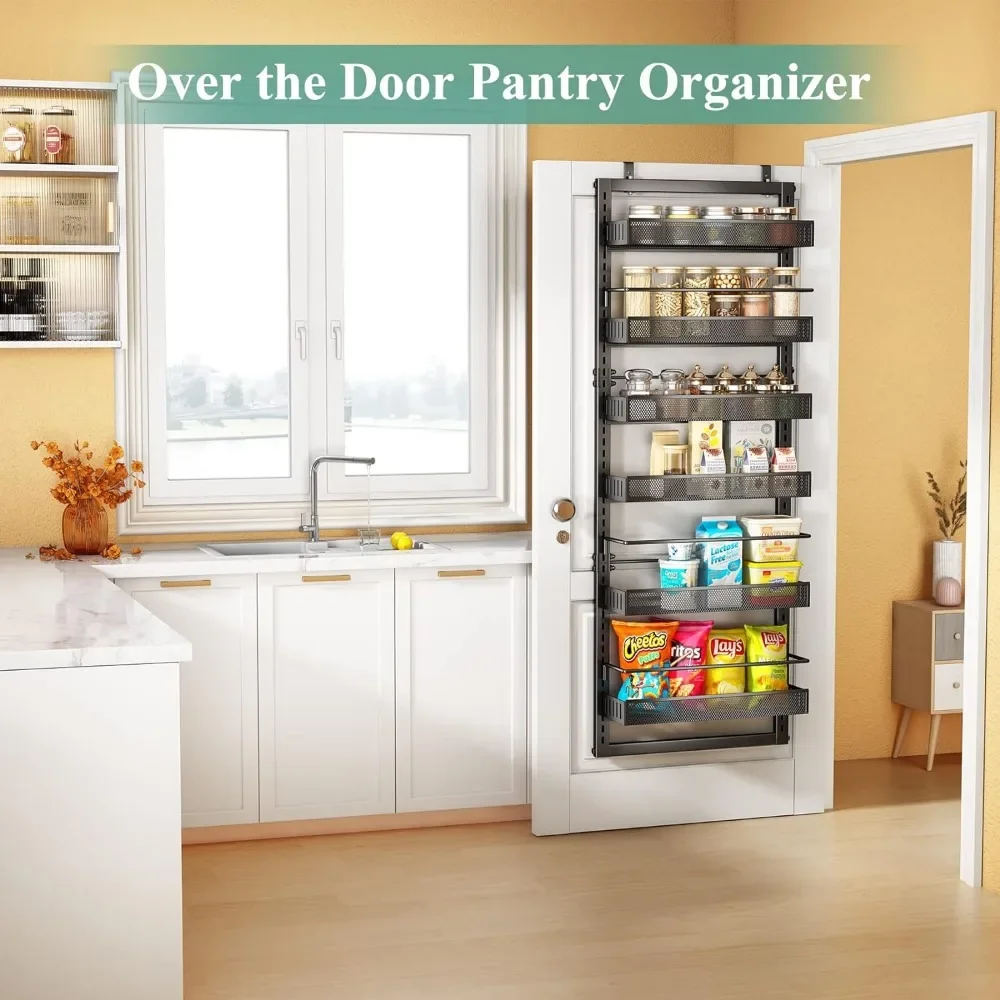 Over the Door Pantry Organizer, 6 Tier Metal Hanging Spice Rack with Detachable Guardrail, Space Saving Hanging Baskets for