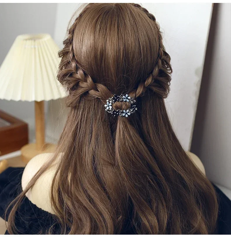 Korean Style Crystal Flower Spring Hairpin Vintage Elegant Ink Blue Rhinestone Ponytail Holder Top Clip Ladies Fashion Hairpin