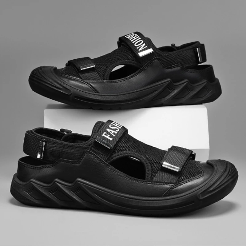 

Men's trendy summer new leather cap, outdoor casual sports hollow sandals, beach shoes and wading shoes